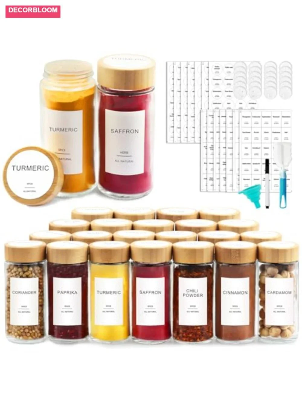 24 Pc Glass Spice Jars with Bamboo Lids, 398 Labels, Shaker Funnel Set